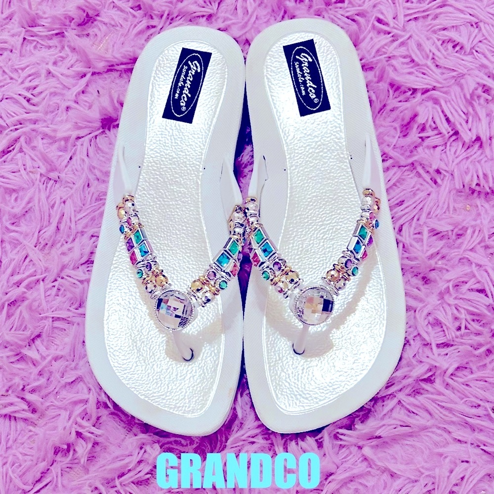 GRANDCO jeweled sandals; white with multi-colored rhinestone straps!